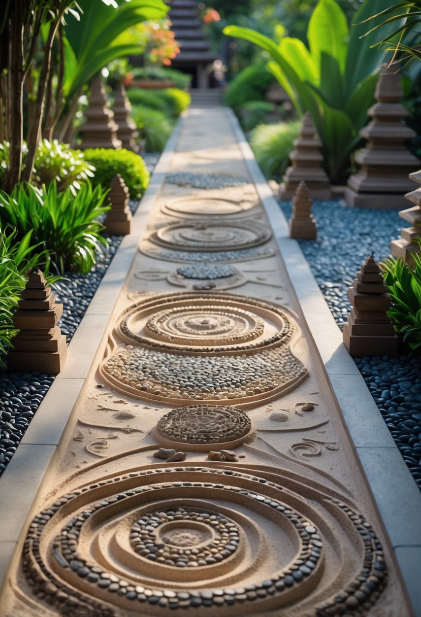 A peaceful garden walkway with detailed sand and pebble patterns surrounded by tropical plants and greenery.