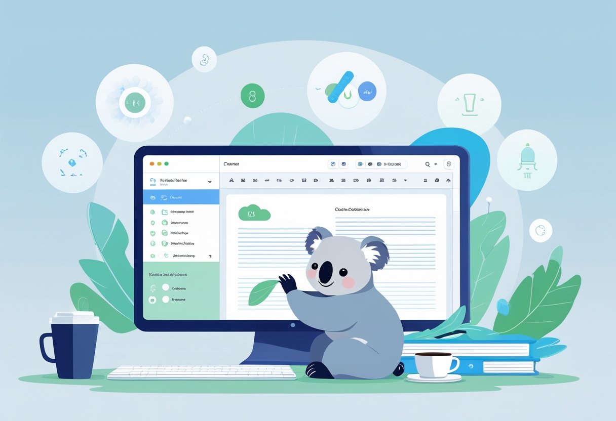 A workspace with a digital writing interface and a koala mascot interacting with it, surrounded by icons representing writing features.