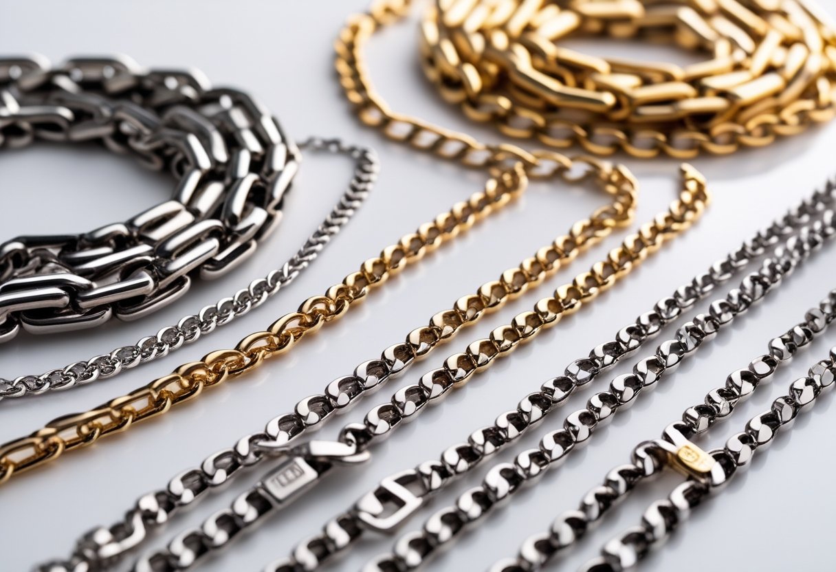 Close-up of stainless steel and gold jewelry chains arranged on a white surface.