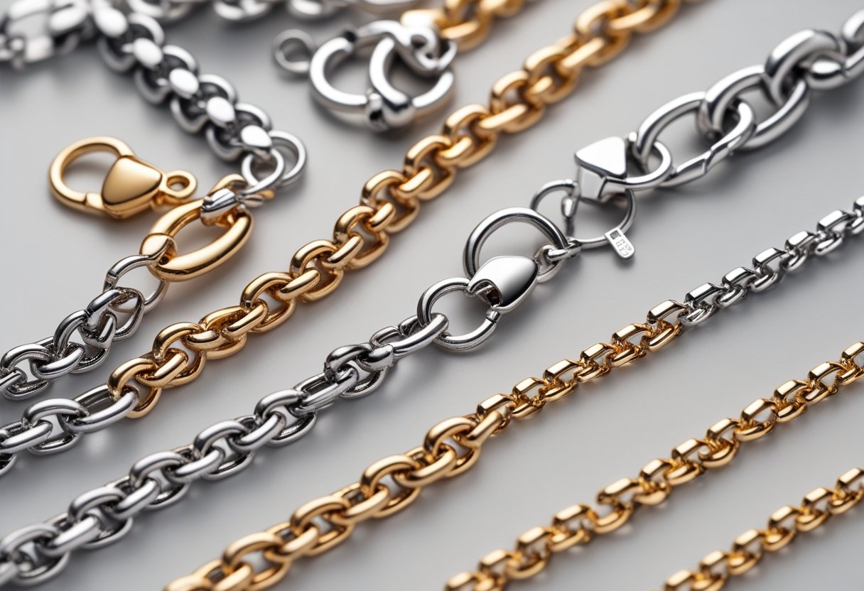 Close-up view of stainless steel and gold jewelry chains with magnetic clasps arranged on a neutral surface.