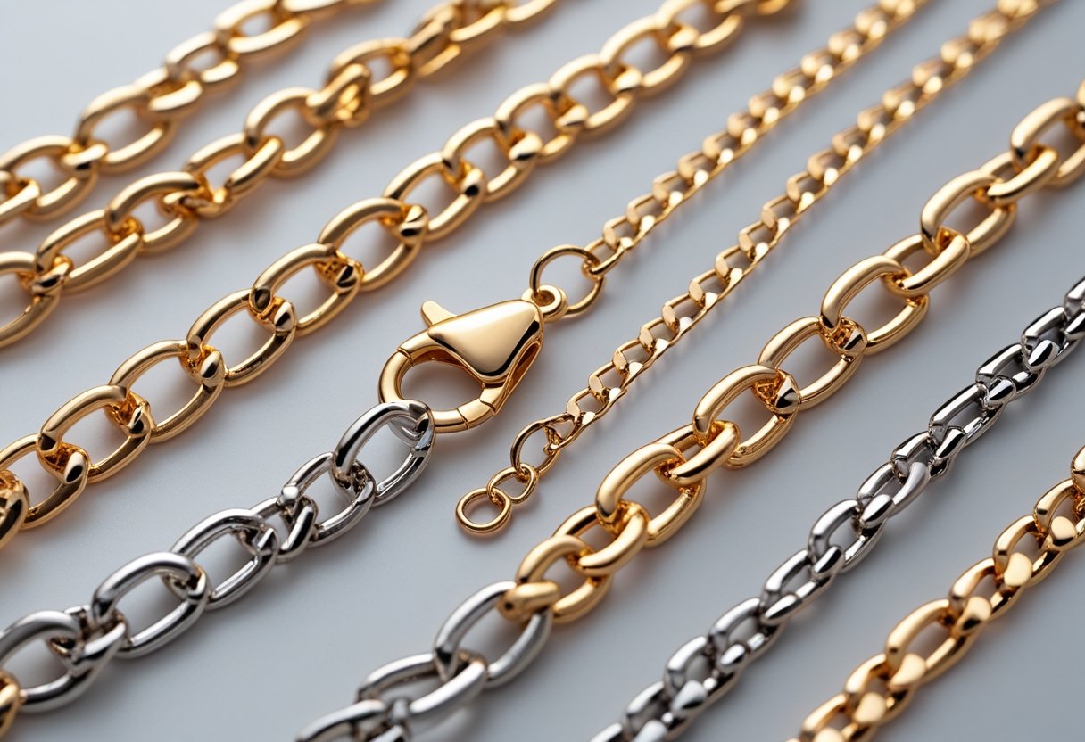 Close-up of shiny gold and stainless steel jewelry chains arranged neatly on a plain background.