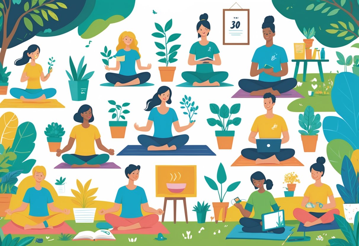 Several people engaged in different hobbies like yoga, drawing, playing guitar, gardening, reading, cooking, meditating, photography, knitting, and jogging in a bright indoor and outdoor setting.