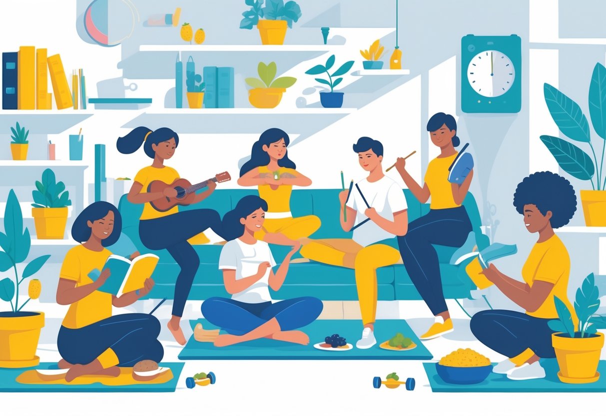 A group of people engaged in various short daily hobbies like reading, painting, yoga, playing music, gardening, writing, knitting, cooking, meditating, and exercising in a bright, inviting indoor space.