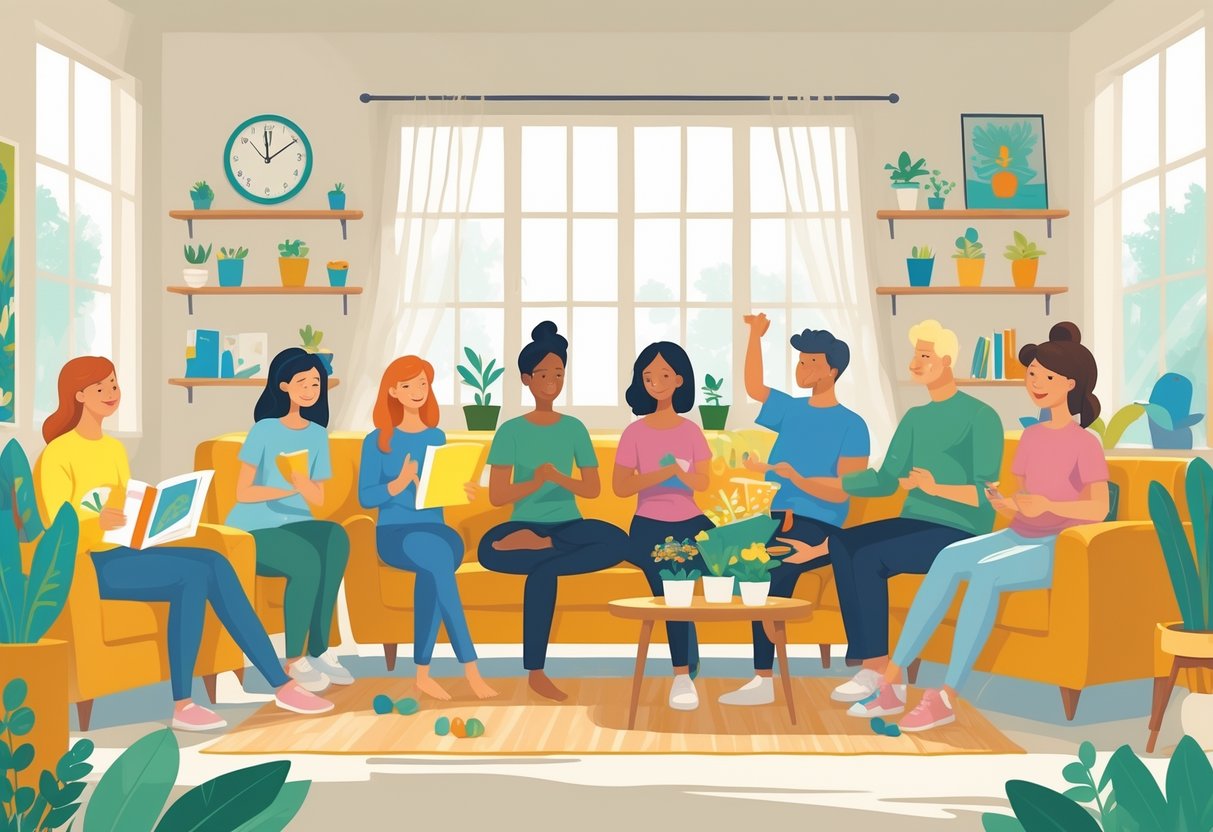 A group of people engaged in various hobbies such as reading, painting, yoga, playing instruments, cooking, gardening, writing, knitting, meditating, and exercising in a bright room.