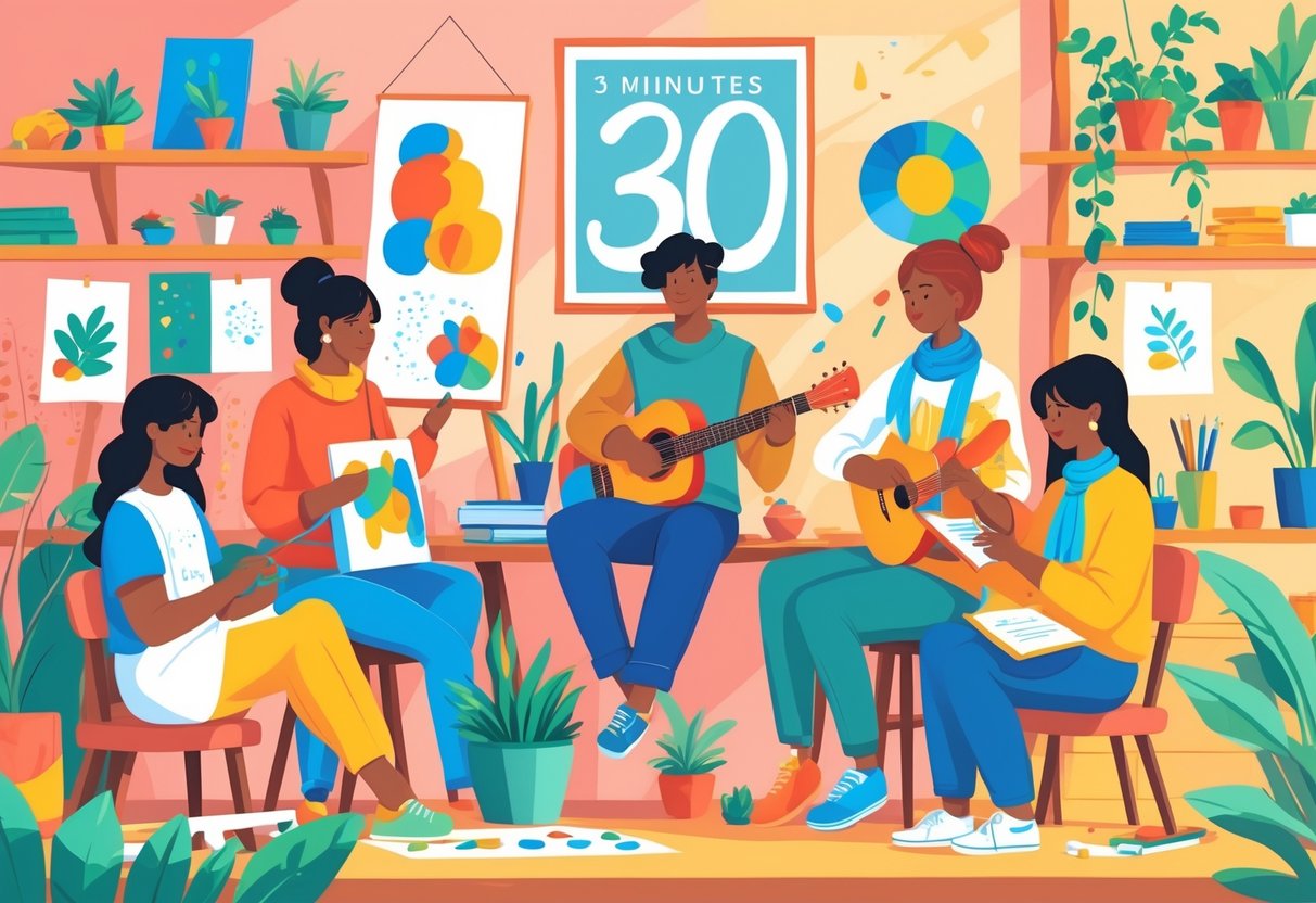 A cozy room with people engaged in different creative hobbies like painting, knitting, playing guitar, journaling, arranging plants, and practicing calligraphy.