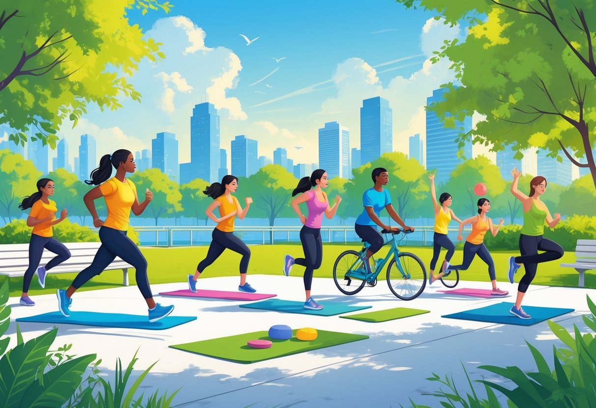 People of different ages and backgrounds engaging in various active hobbies like jogging, yoga, cycling, and stretching in a sunny city park.