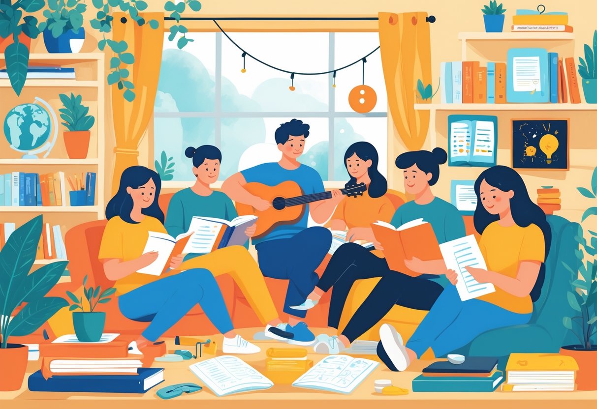 A group of people engaged in various learning activities such as reading, writing, playing music, drawing, and using digital devices in a cozy room with books and plants.