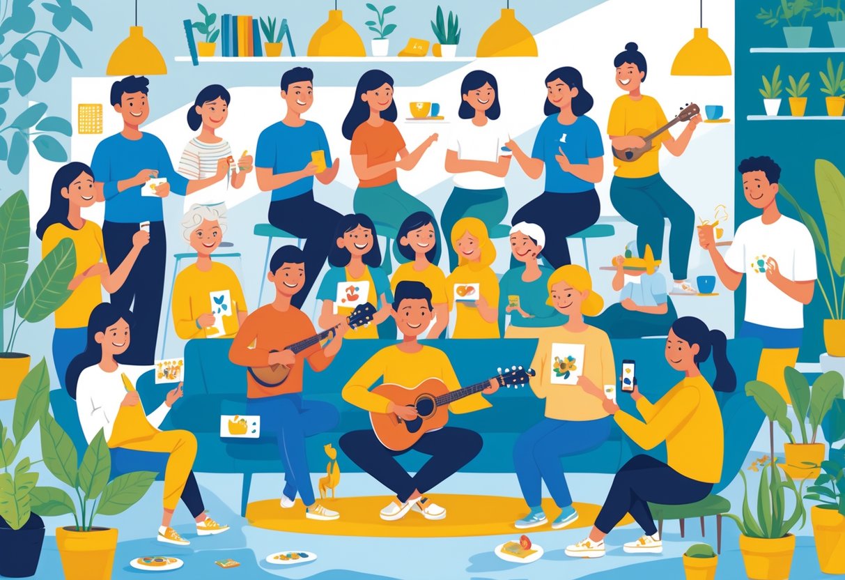 People of different ages and backgrounds enjoying various social hobbies like playing board games, chatting, dancing, playing instruments, painting, gardening, cooking, and taking photos together in a bright indoor space.