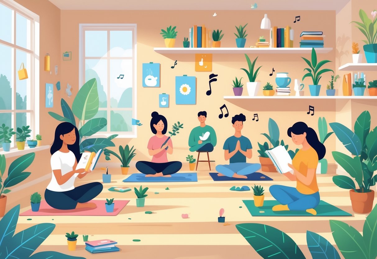 A group of people engaged in different hobbies like reading, painting, yoga, playing music, gardening, knitting, writing, cooking, exercising, and meditating in a bright, cozy room.