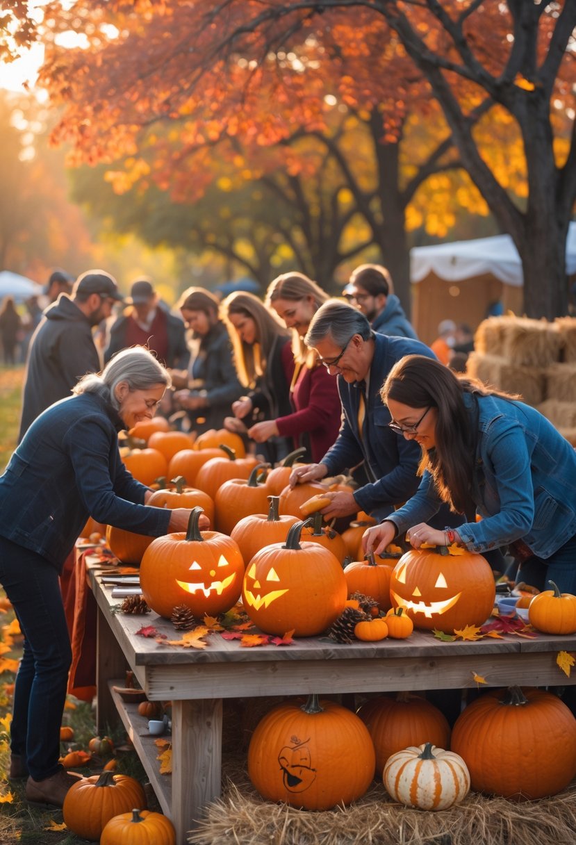 People carving pumpkins outdoors at a fall party with autumn leaves and decorations around them.