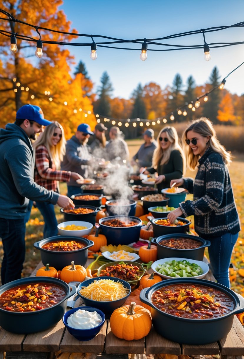 People enjoying a fall outdoor chili cook-off with decorated picnic table, chili pots, toppings, and autumn trees in the background.
