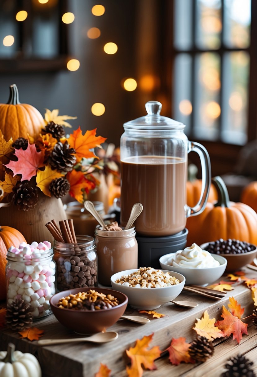 A hot chocolate bar with mugs, toppings, and fall decorations on a wooden table.