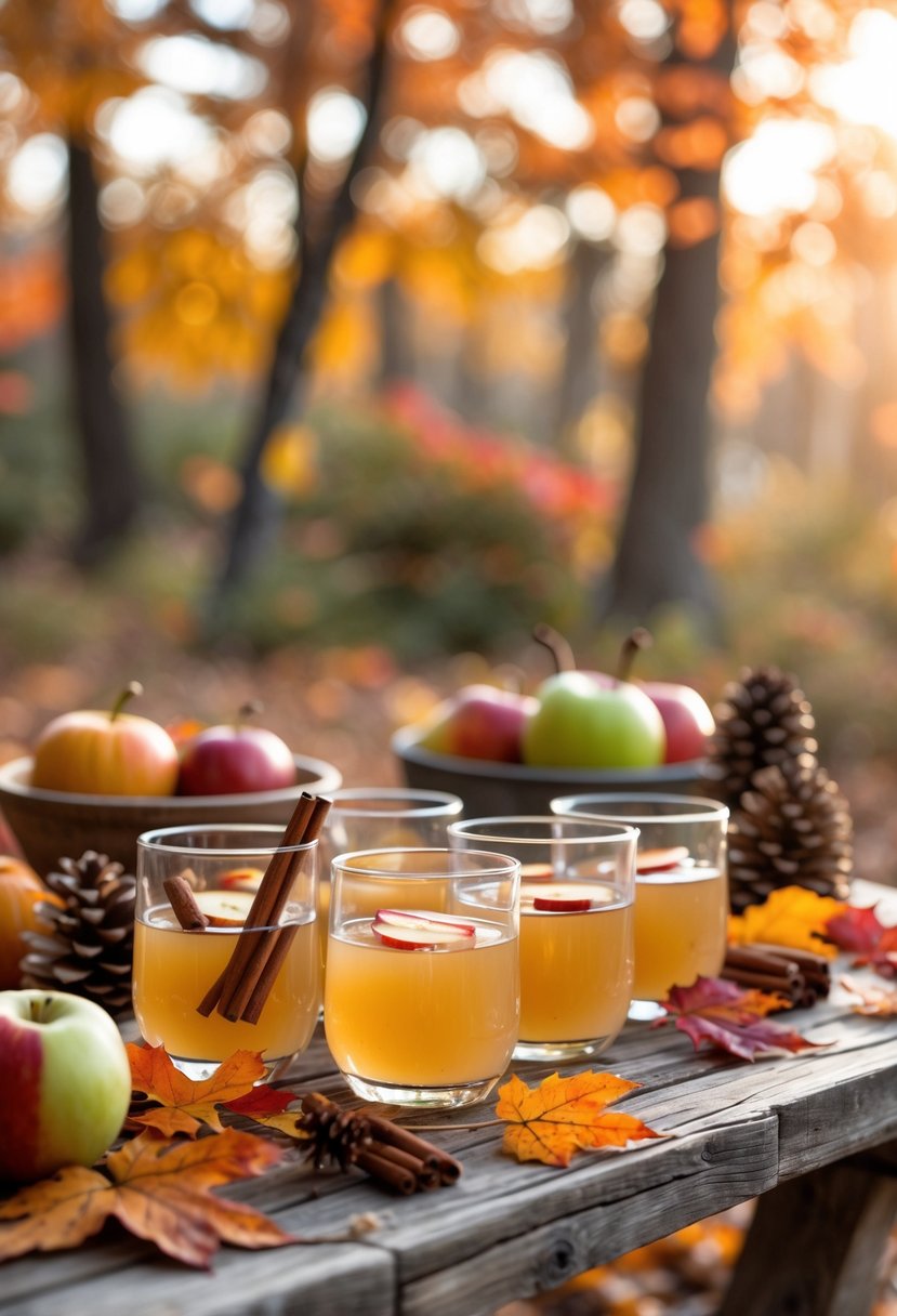 A wooden table outdoors with glasses of apple cider, autumn leaves, pumpkins, and apples arranged for a fall gathering.