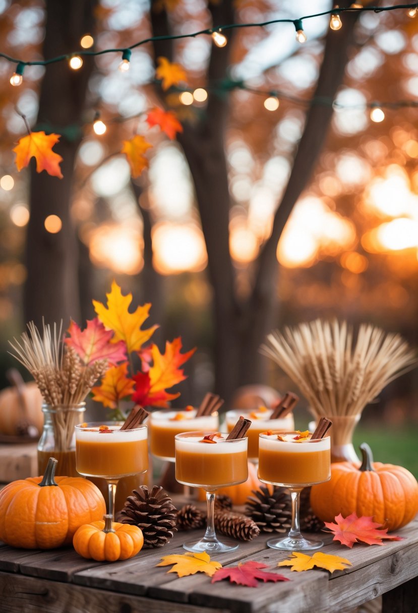 A wooden table outdoors set with pumpkin spice cocktails and autumn decorations like pumpkins and colorful fall leaves.