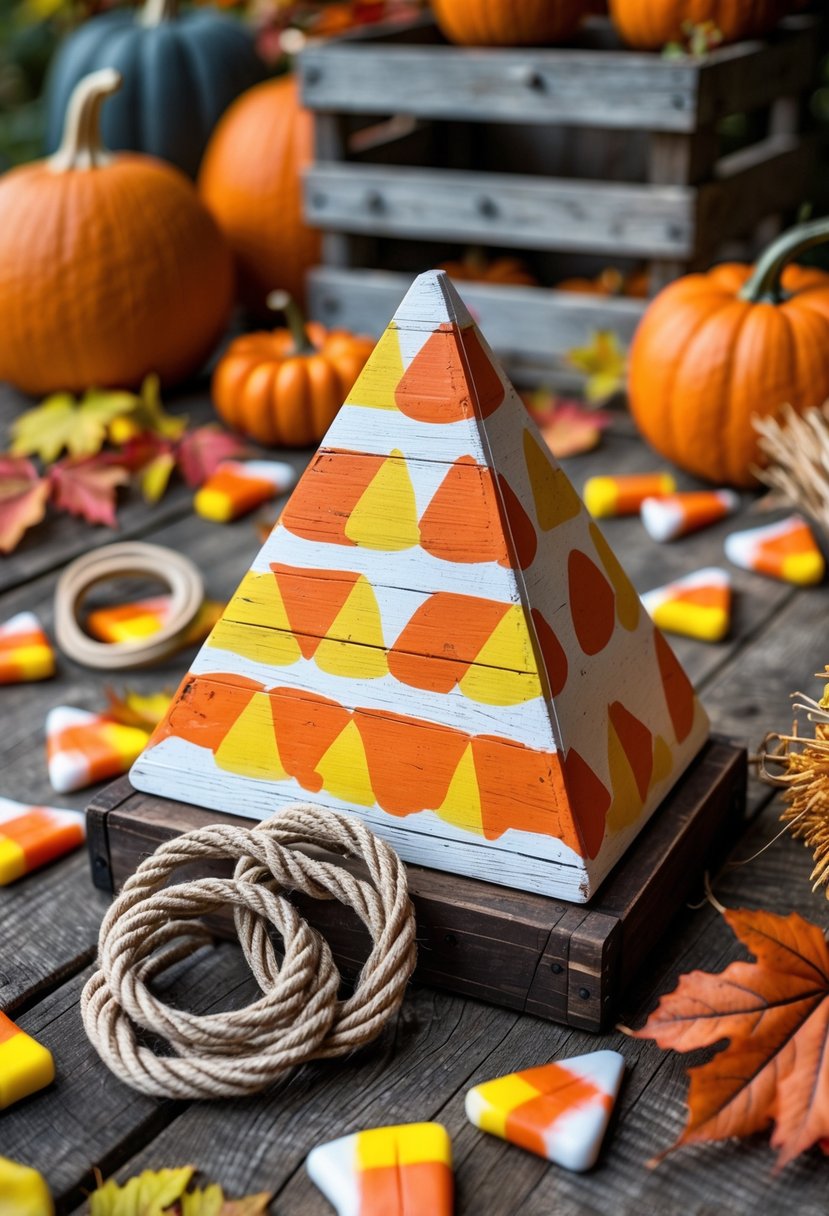A fall-themed ring toss game with candy corn shapes, surrounded by pumpkins and autumn leaves outdoors.