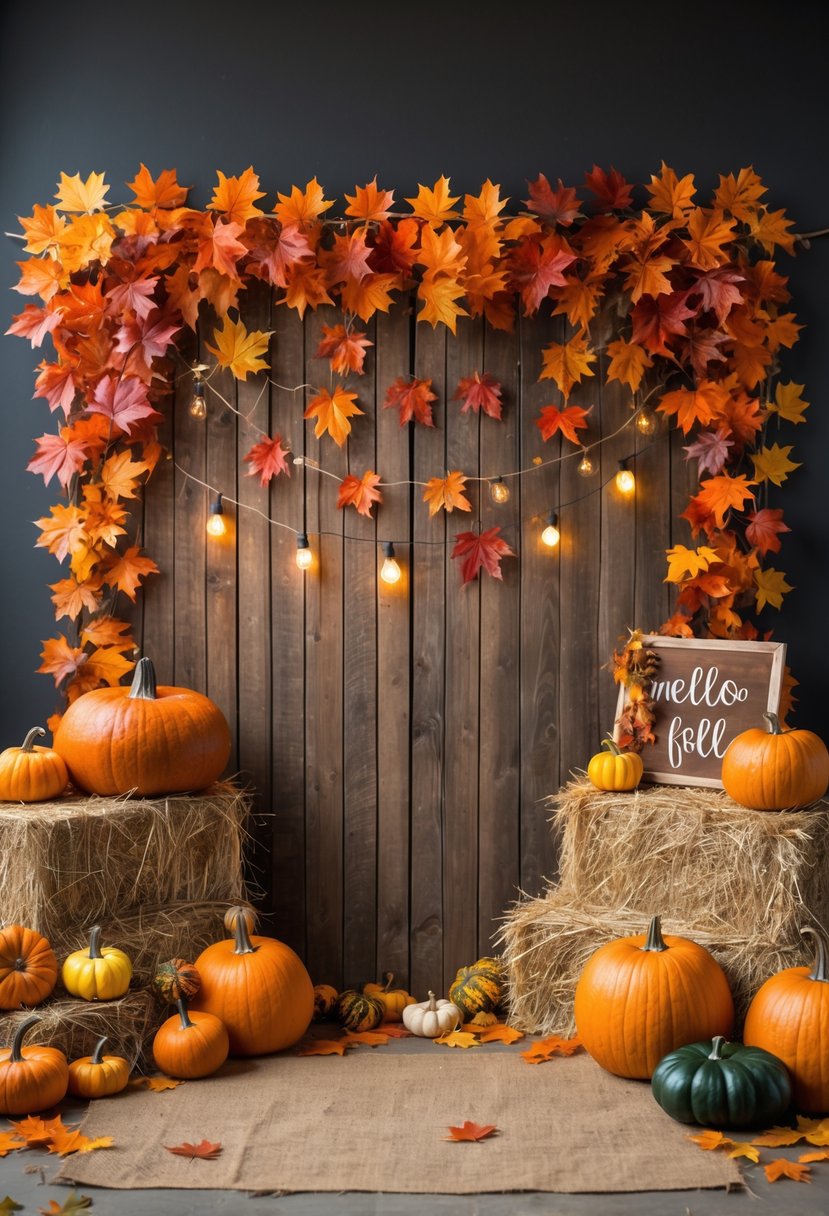 A fall party photo booth with pumpkins, colorful autumn leaves, hay bales, and warm string lights.