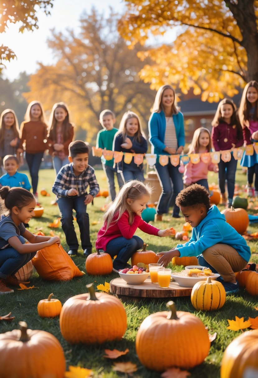 Children enjoying a fall-themed back-to-school party outdoors with autumn decorations and games.
