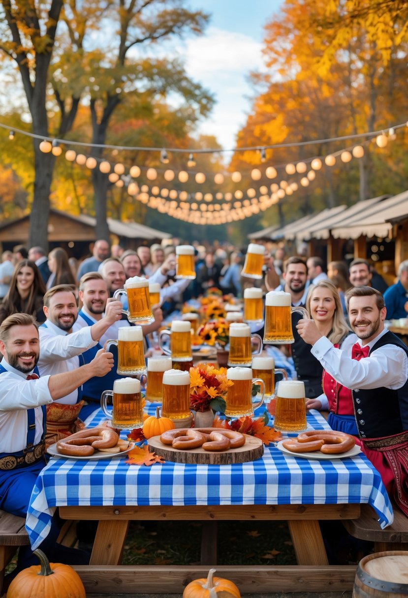 People in traditional Bavarian clothing enjoying an outdoor Oktoberfest celebration with beer, food, and fall decorations.