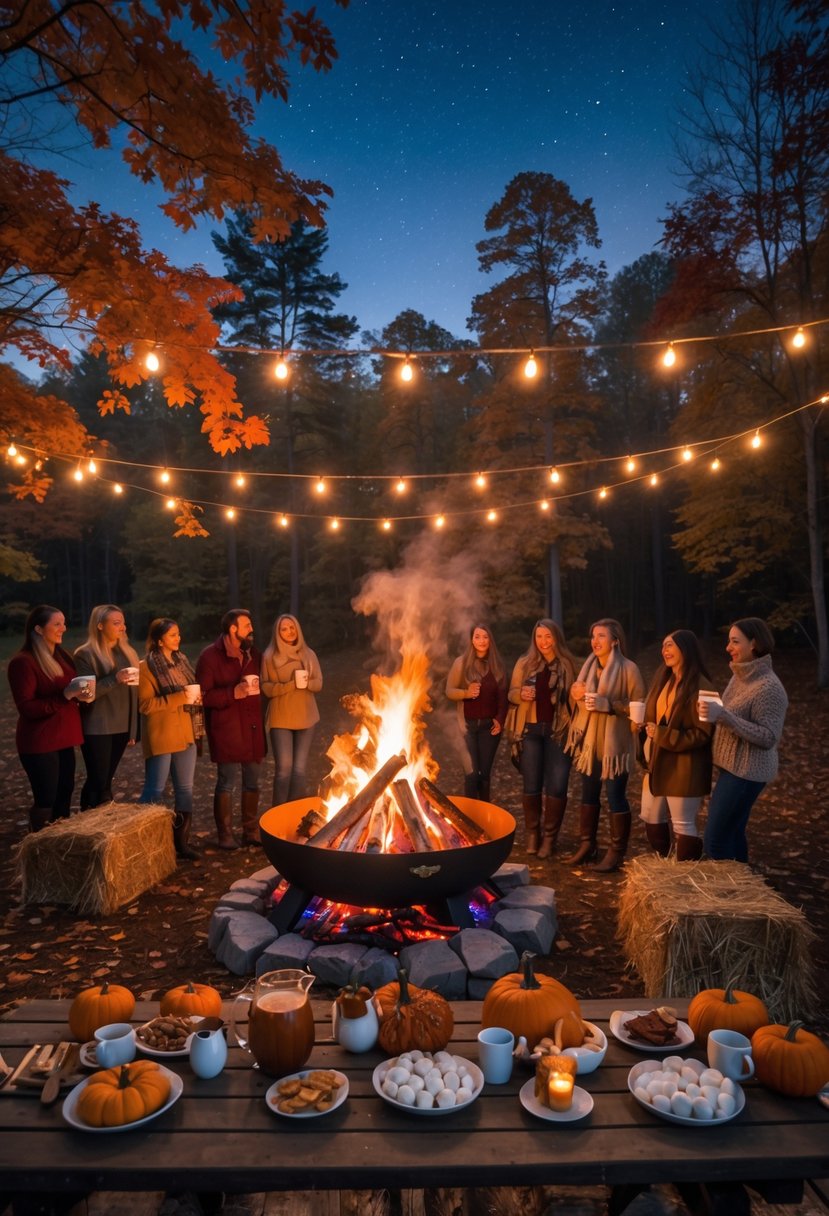 People gathered around a bonfire in a forest clearing with fall leaves, enjoying warm drinks and seasonal snacks.