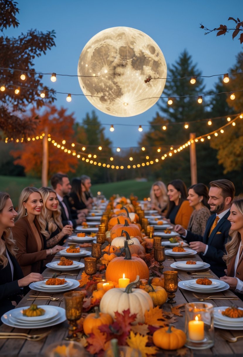 An outdoor autumn dinner party under a bright harvest moon with a long table decorated with pumpkins, candles, and fall leaves, surrounded by colorful trees and guests enjoying the evening.