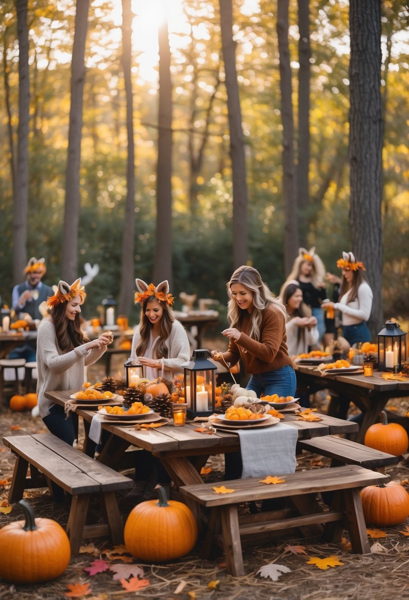 An outdoor fall party in a forest clearing decorated with pumpkins, autumn leaves, and woodland creature decorations, with people enjoying food and activities around wooden tables.