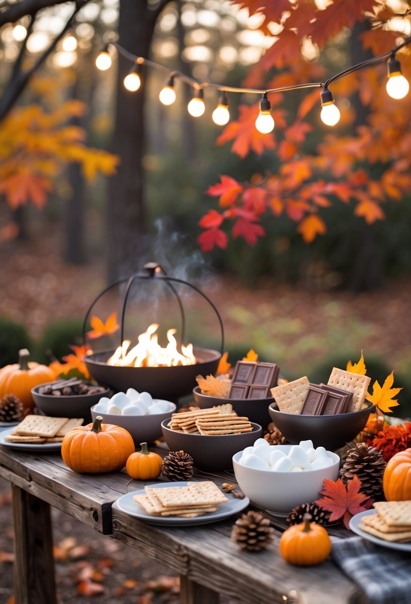 An outdoor table set with ingredients and a fire pit for making s'mores, surrounded by fall decorations and colorful autumn leaves.