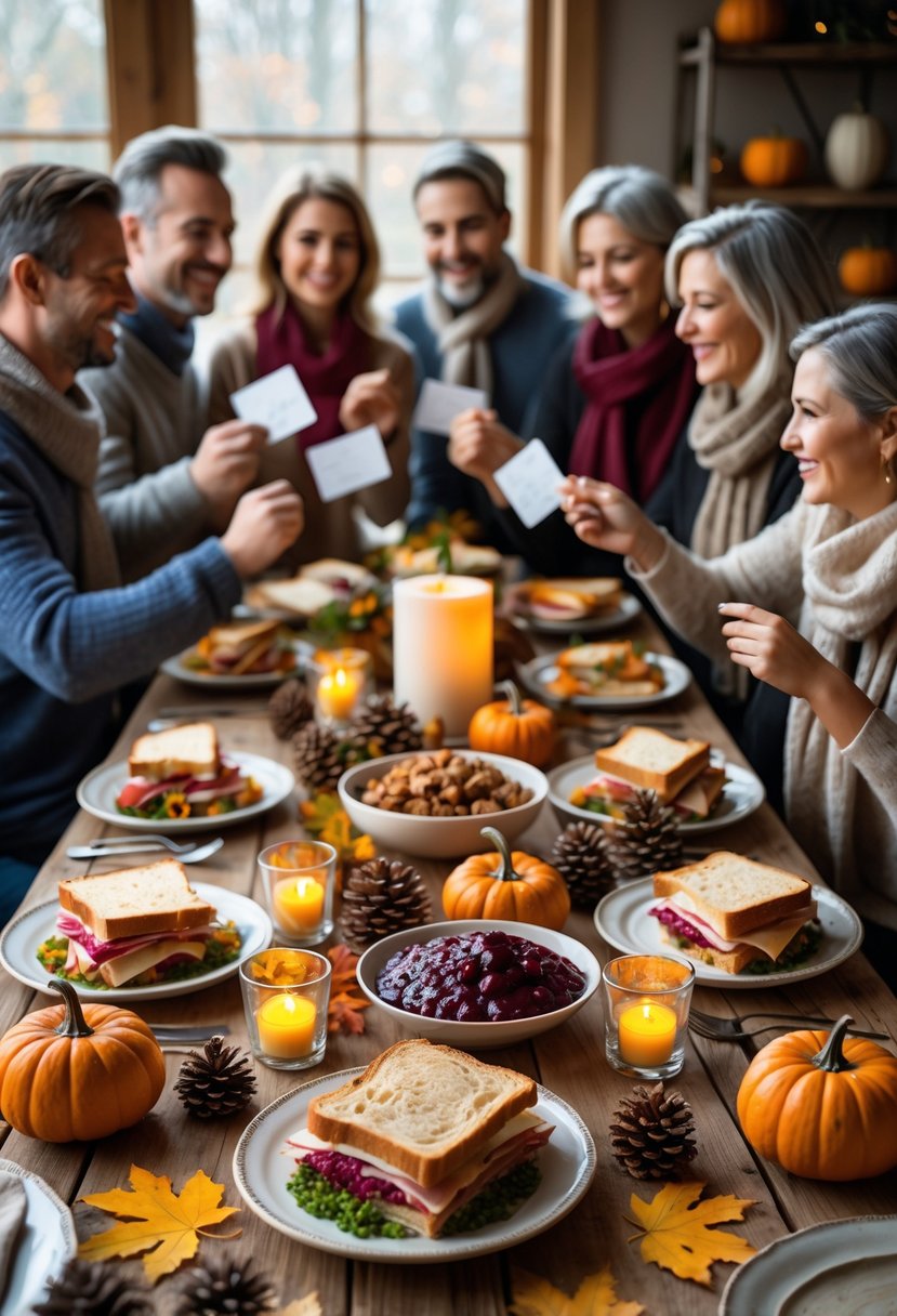 A group of people exchanging recipes around a table filled with Thanksgiving leftover dishes and autumn decorations.