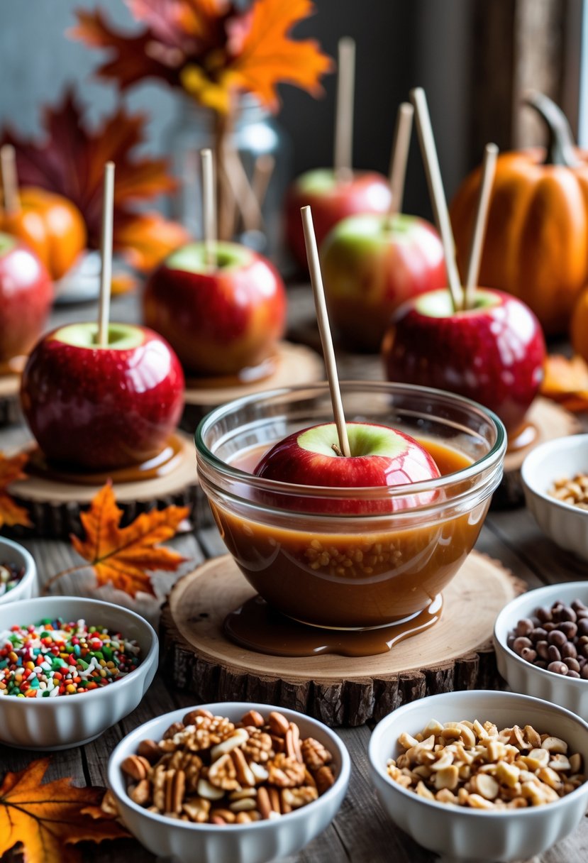 Hands dipping red apples into caramel on a wooden table decorated with fall leaves, pumpkins, and bowls of toppings.