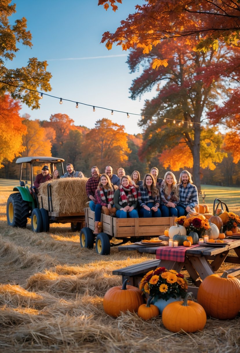 People enjoying a fall hayride on a wooden wagon in a farm field surrounded by colorful autumn trees and festive decorations.