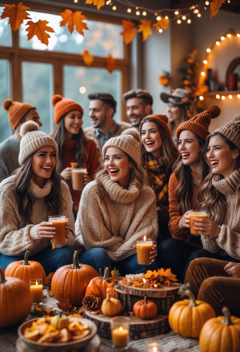 A group of people in cozy fall sweaters and costumes enjoying a festive indoor autumn party with seasonal decorations and warm lighting.
