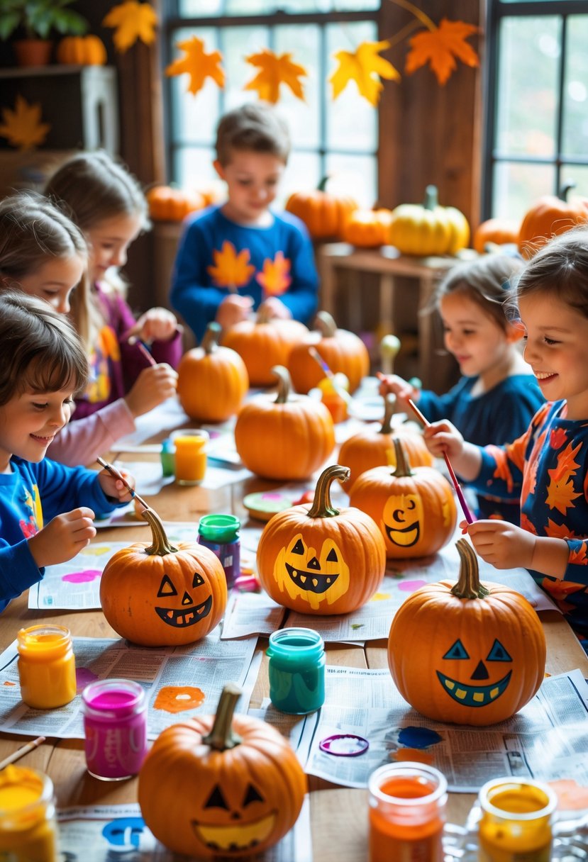 Children sitting around a table painting pumpkins with colorful paints during a fall party.