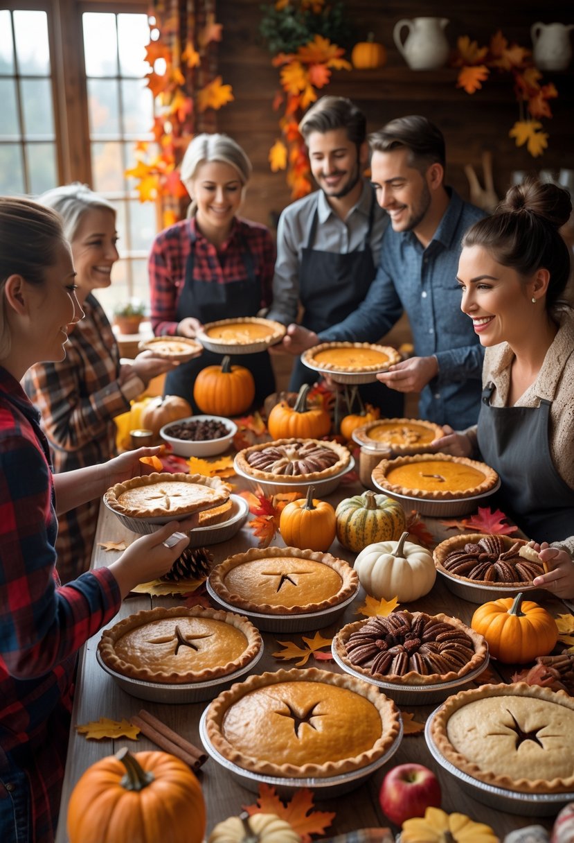 People gathered around a table with various freshly baked pies and autumn decorations in a cozy kitchen.