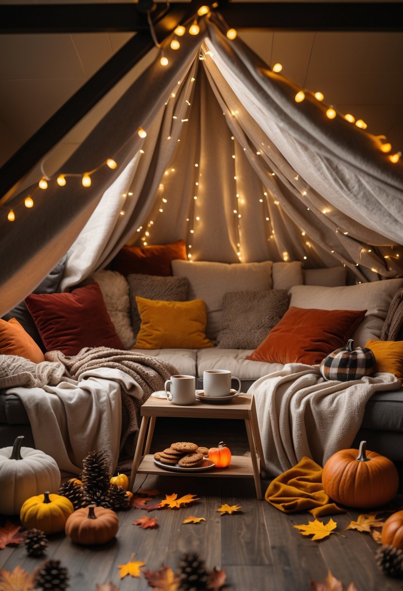 A cozy indoor blanket fort decorated with autumn leaves, pumpkins, and warm cushions, lit softly with string lights for a fall gathering.