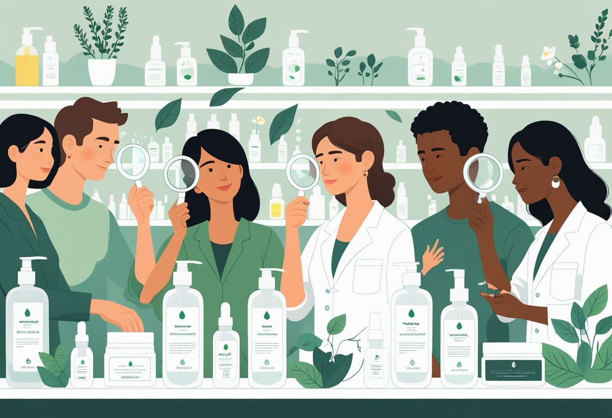 People examining skincare products closely in a laboratory filled with natural ingredients and transparent bottles.