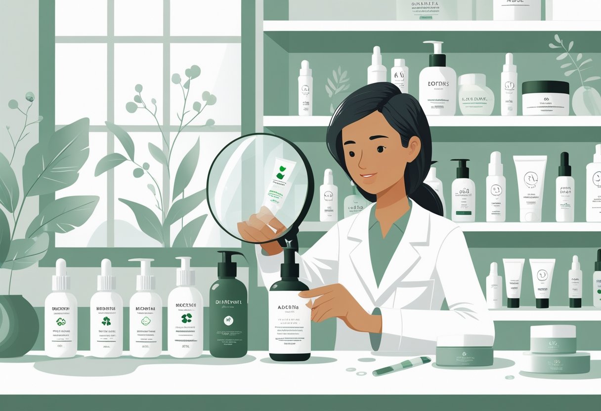 A scientist in a laboratory examining skincare products with a magnifying glass, surrounded by shelves of skincare bottles with natural and eco-friendly symbols.