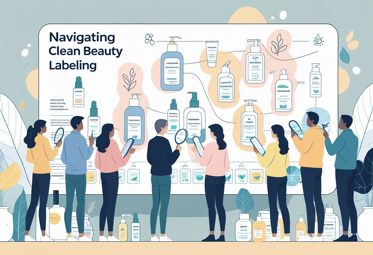 People examining cosmetic products with labels and a large map-like chart showing connections between clean beauty claims.