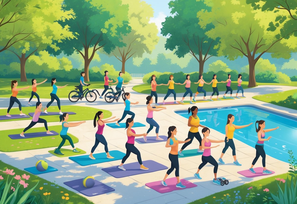 A group of people of different ages and backgrounds engaging in various low-impact fitness activities outdoors, including yoga, walking, cycling, stretching, tai chi, swimming, and light exercise, in a sunny park.