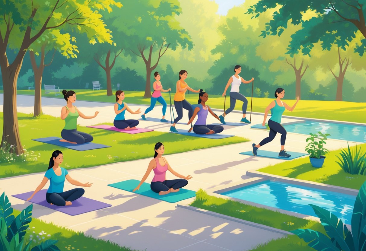 A group of diverse people engaging in low-impact fitness activities like yoga, cycling, walking, tai chi, swimming, and gardening in a sunny park setting.