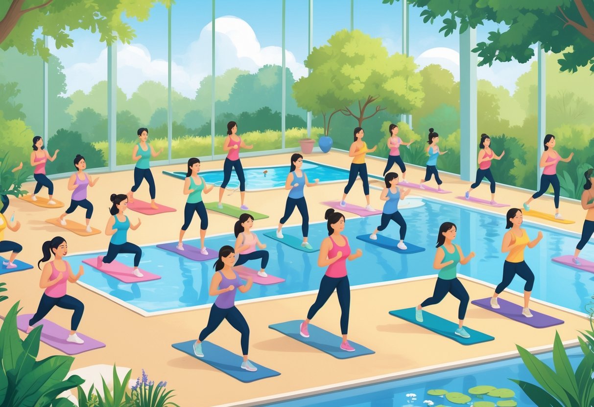 A group of people practicing various low-impact fitness activities like yoga, tai chi, cycling, water aerobics, and walking in a bright gym and park setting.