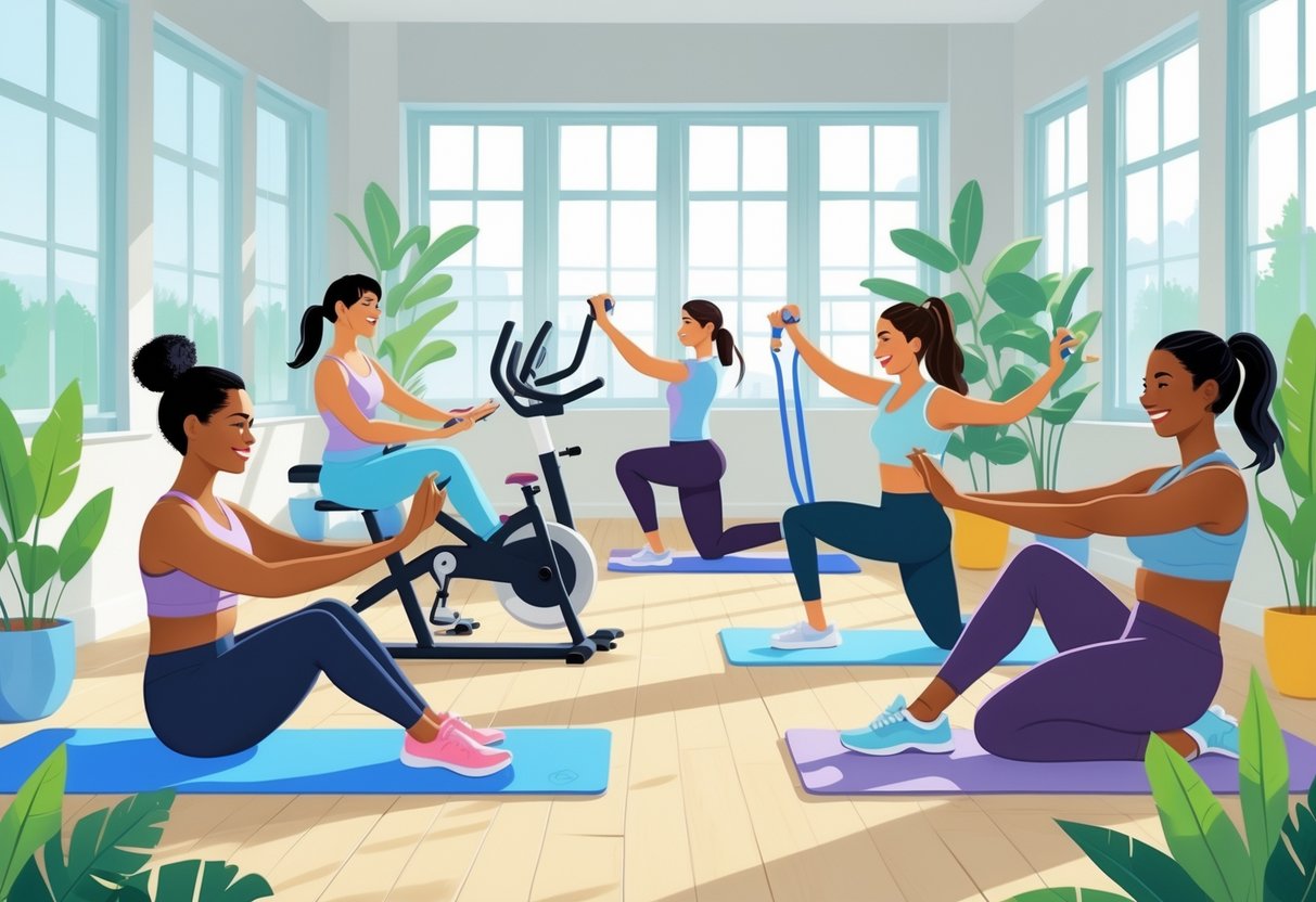 A group of people practicing different low-impact fitness activities indoors, including yoga, cycling, stretching, and balance exercises in a bright room.