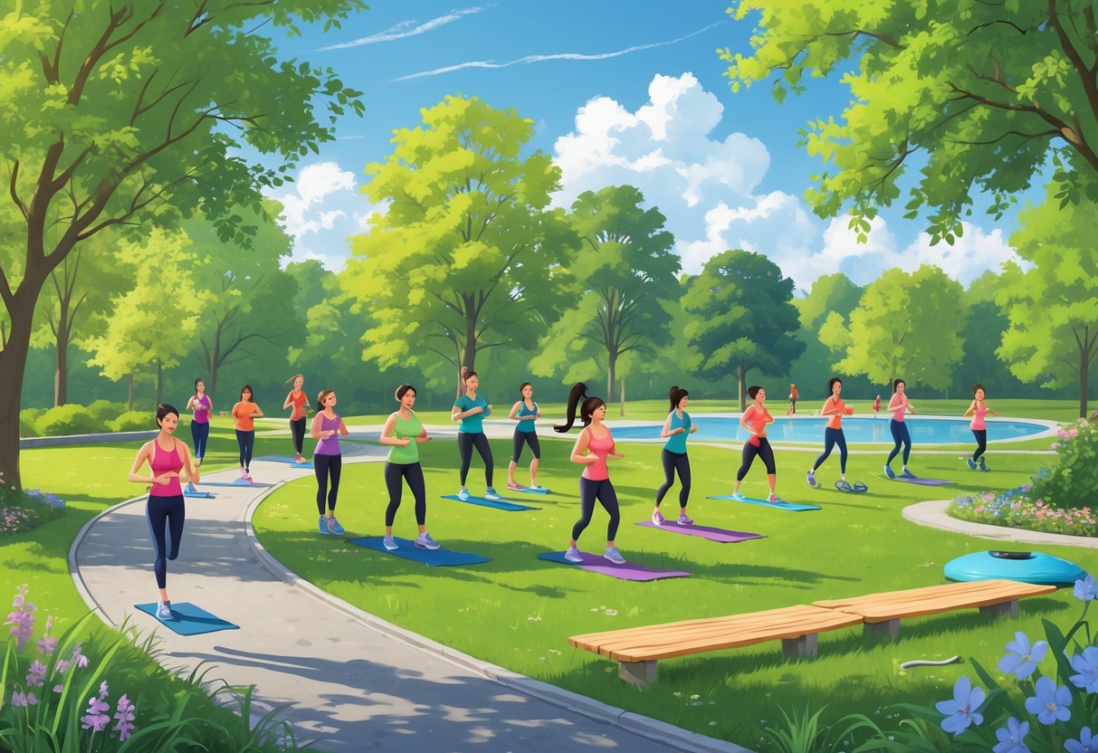 A group of people outdoors in a park engaging in various low-impact fitness activities like walking, yoga, cycling, tai chi, and stretching on a sunny day.