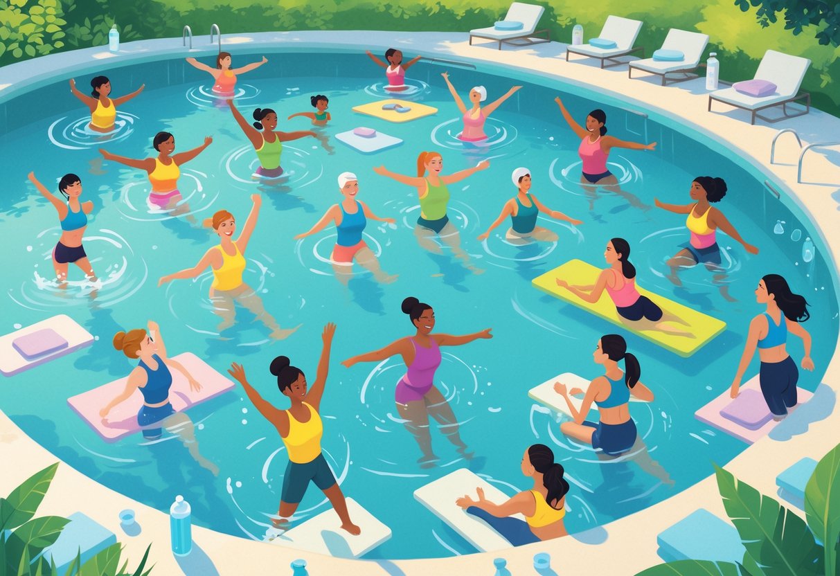 A group of diverse people practicing various low-impact water fitness activities like water aerobics, swimming, and water yoga in a clear swimming pool under soft sunlight.