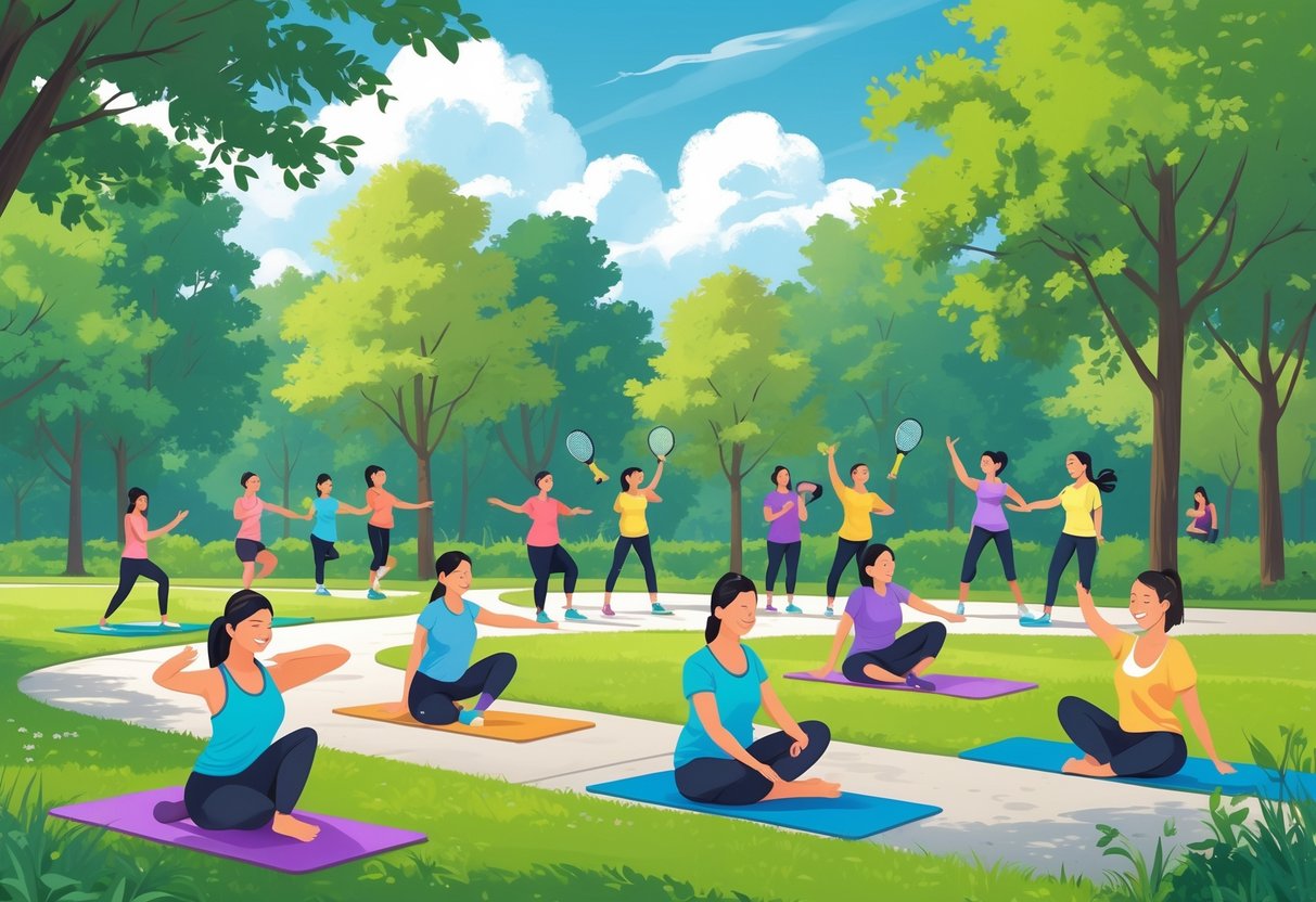 People of different ages and backgrounds engaging in gentle group fitness activities like yoga, tai chi, walking, badminton, frisbee, seated stretching, and dancing in a sunny park.