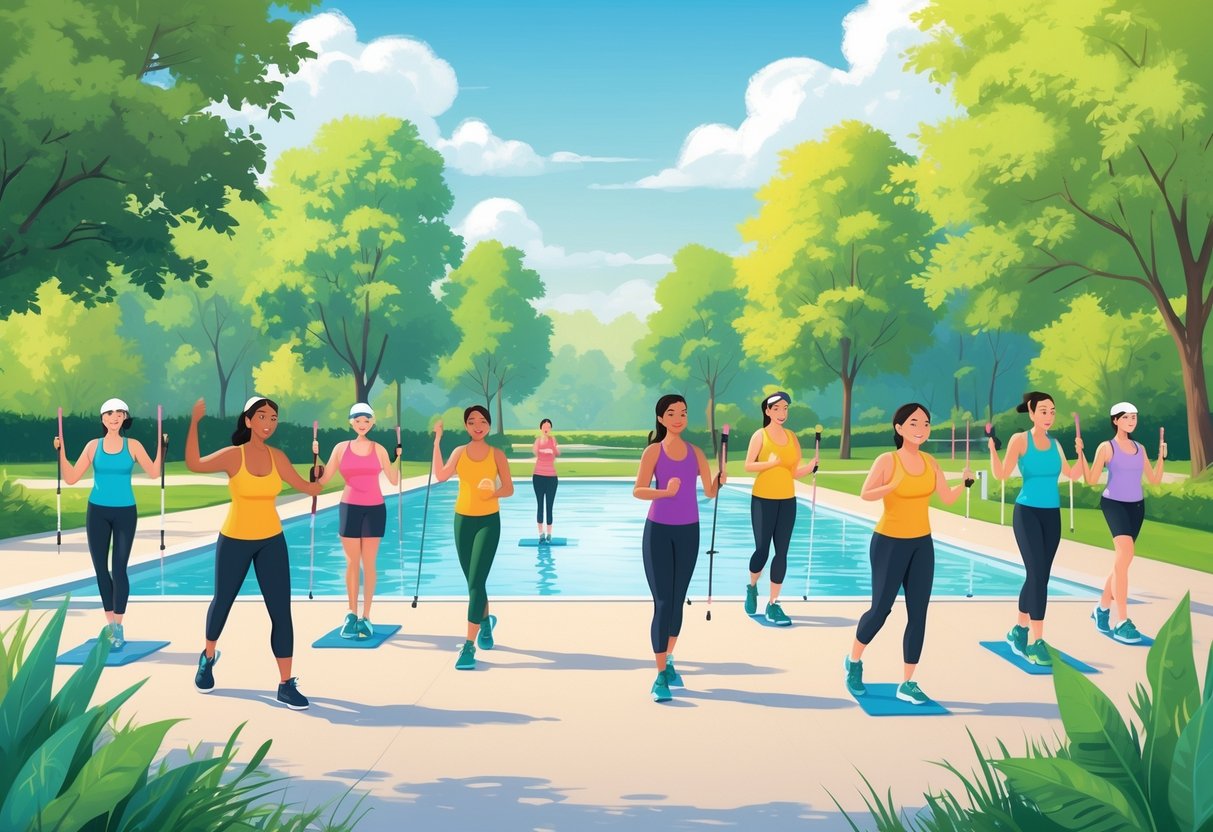A group of people of different ages and backgrounds doing low-impact fitness activities like yoga, walking, swimming, and cycling in a safe outdoor park.