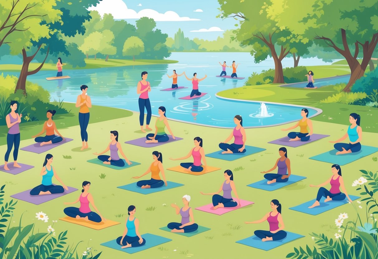 A diverse group of people engaging in 15 different low-impact fitness activities like yoga, tai chi, cycling, swimming, walking, aerobics, stretching, Pilates, water aerobics, balance exercises, resistance band workouts, gardening, dancing, rowing, and chair exercises in outdoor and indoor settings.