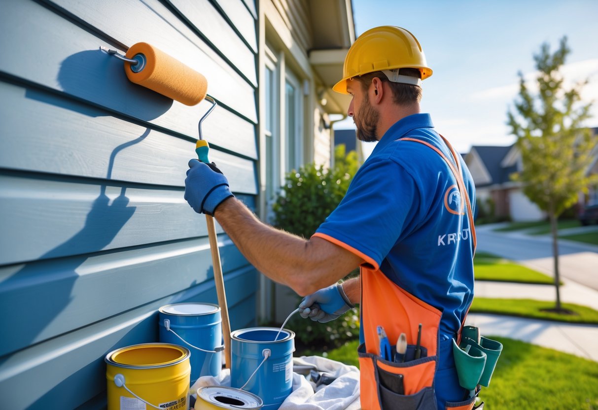 A painting contractor applying paint to the exterior wall of a house using a paint roller, with painting supplies and ladders nearby.