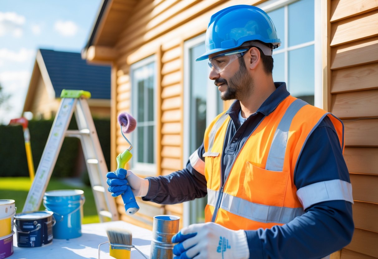 A painting contractor wearing safety gear applies paint to a house exterior using a roller, with painting tools and ladders nearby.