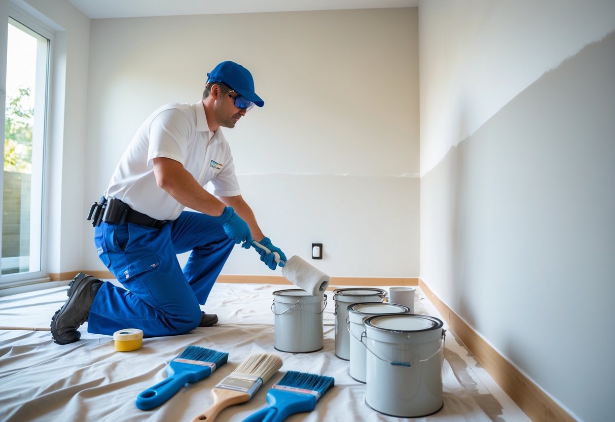 A painting contractor applying paint with a roller to an interior wall in a modern room, surrounded by painting tools.