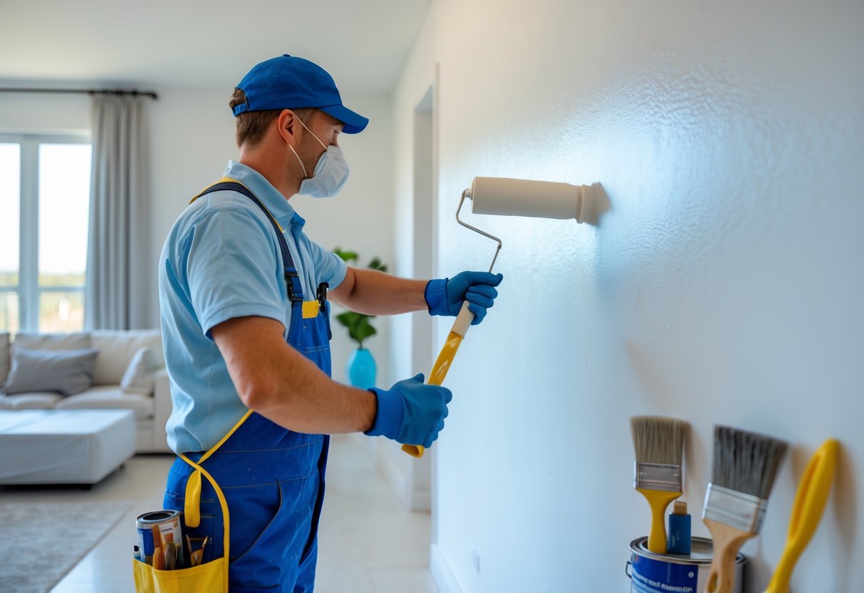 A professional painter applying paint with a roller on a white interior wall in a clean, well-lit room.