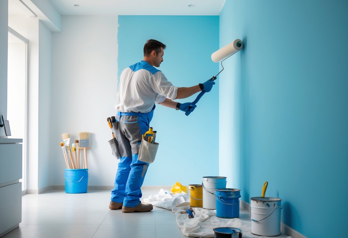 A painter applying fresh paint to a wall in a bright, clean room with painting tools nearby.